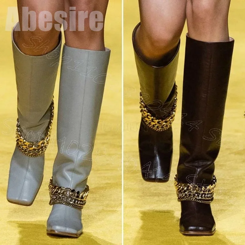 

Sky Blue Square Toe Gold Chain Decor Boots Slip On Women Shoes Thin High Heels Novel Party Feast Runway 2025 Zapatos Para Mujere
