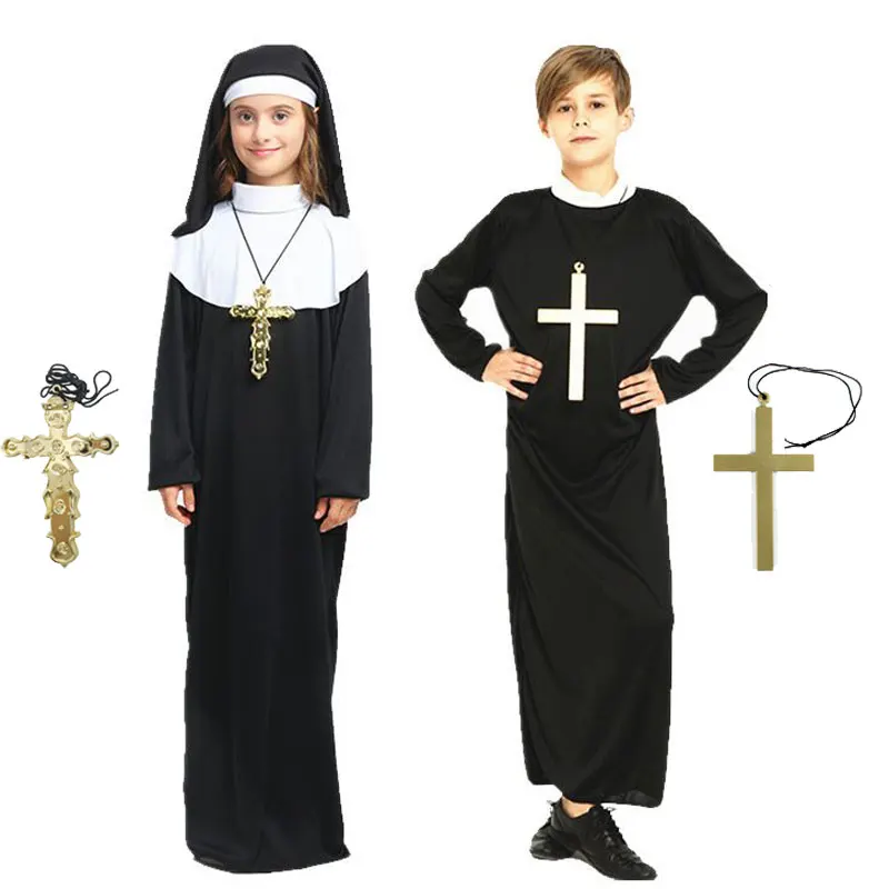 Boys Girls Nun Cosplay Headchief Costume God Father Priest Robe Cloak Cross Necklace Witch Wizard Halloween Costume