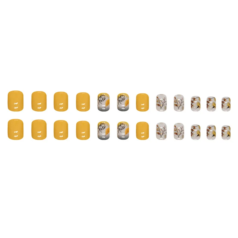 24pc Vintage Leaf Fashion Designs Nails Letter Print Euro Press-Ons Short Length & Mix Sizes  False Nails For Women