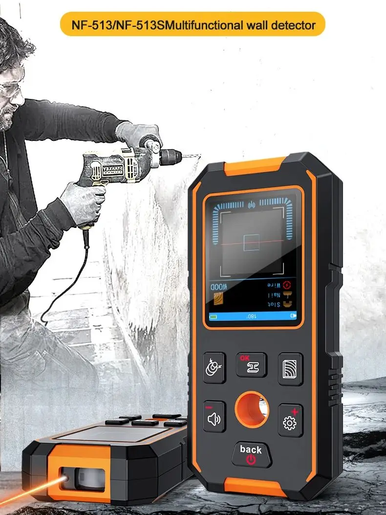 NF-513 Wanddetektor, 3-in-1-Metalldetektor, finden Sie Metall, Holzbolzen, Wechselspannung, Live-Draht, Erkennen von Wandscanner, elektrischer Box-Finder