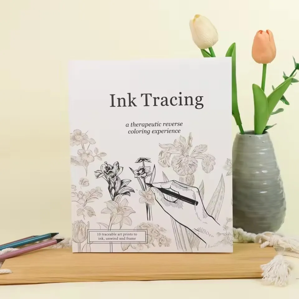 Ink Tracing: Therapeutic Reverse Coloring Book for Adults - 10 Floral Art Prints to Trace, Ink & Frame Relaxation Activity Book