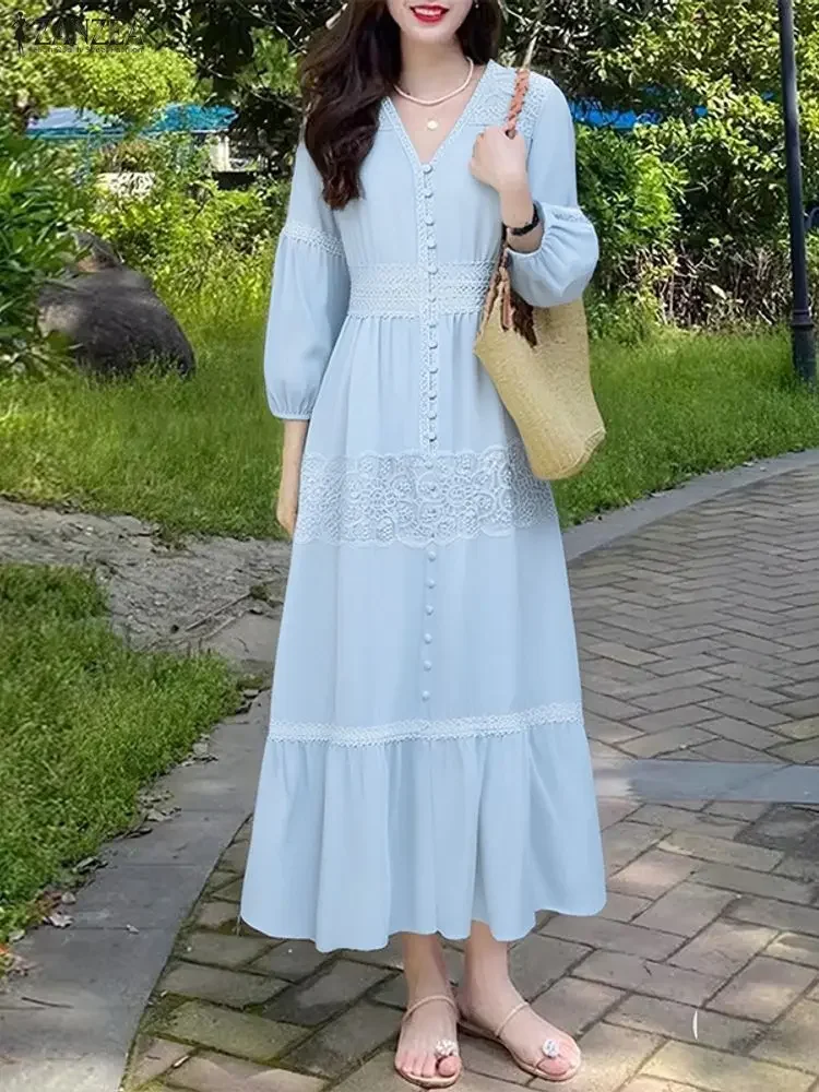 ZANZEA Autunno Elegante Abiti Da Festa Delle Donne 3/4 Manica Lanterna Con Scollo A V Casual In Pizzo Maxi Vestito Estivo Lungo Solido Vacanza Robe Femme