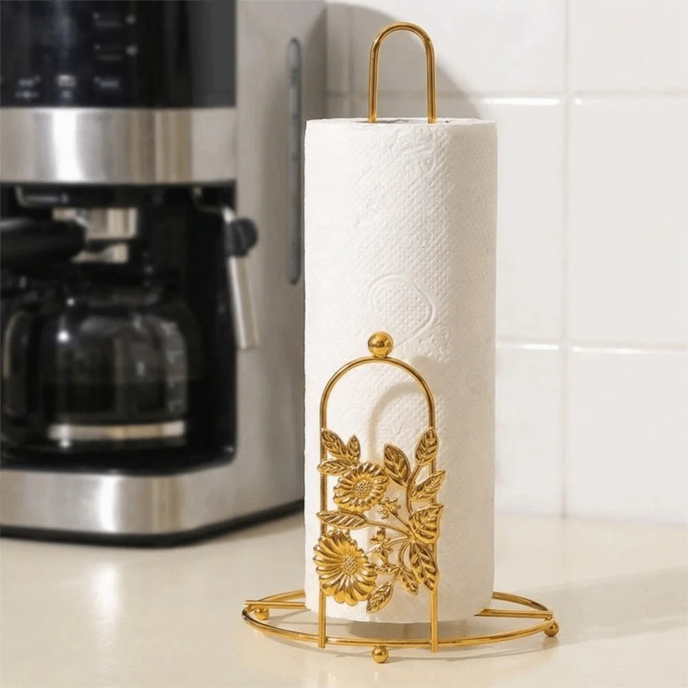 

Iron Tree Paper Towel Holder Gold Free Standing Vertical Paper Shelf One-handed Tear Decorative Roll Paper Towel Holder Bathroom