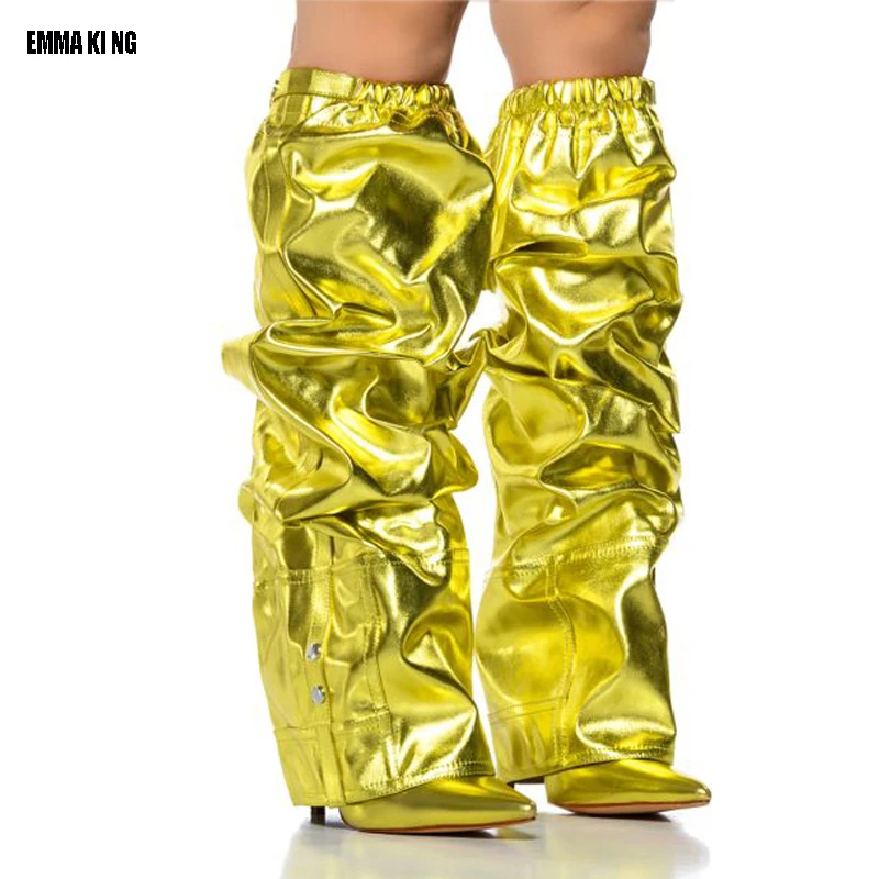 

2024 Gold Fashion Women Knee High Boots Autumn Winter thin High Heel Thigh Boots Pointed Toe Zipper Party Shoes Elastic Band 44
