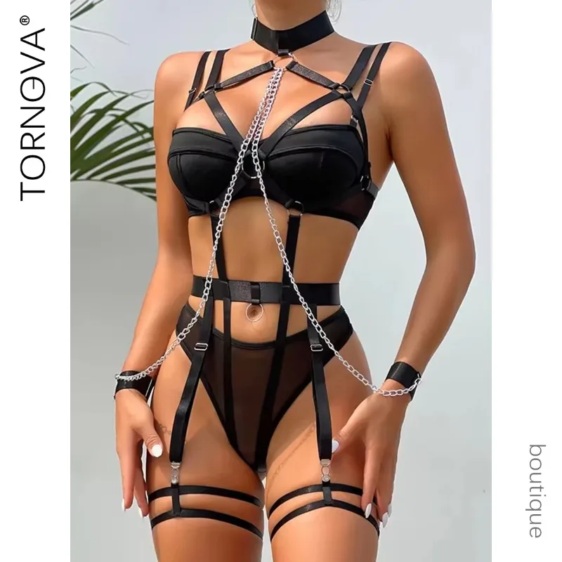 

Tornova 4 Piece Set Chain Halter Sexy Underwear Set for Women Erotic Lingerie Temptation Sexy Role Play Chain Underwear Set New