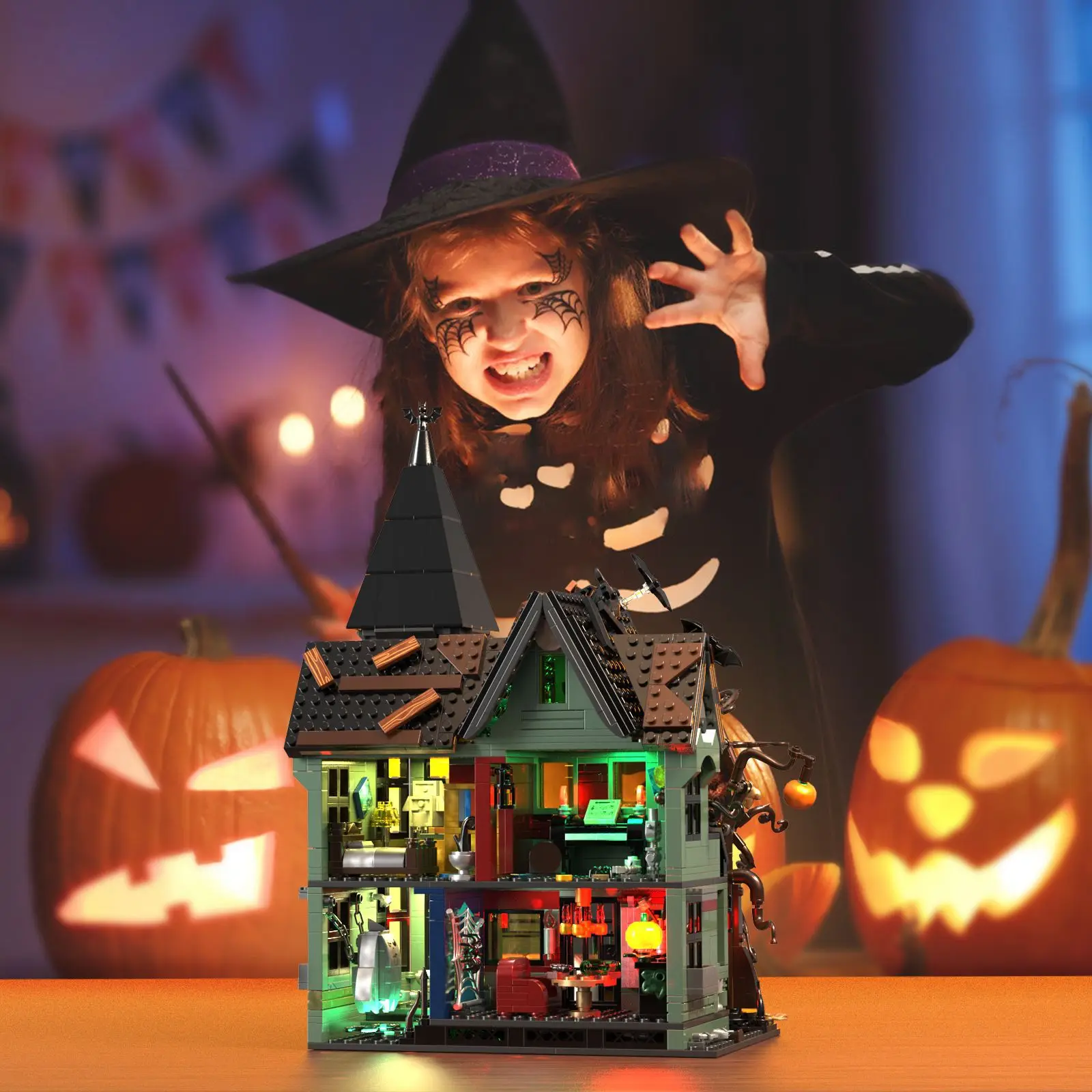 MOC-Juego de bloques de construcción de Casa Haunts para Halloween, Festival, atmósfera de Terror, casa, arquitectura, modelo, rompecabezas para niños, juguetes, regalo de cumpleaños