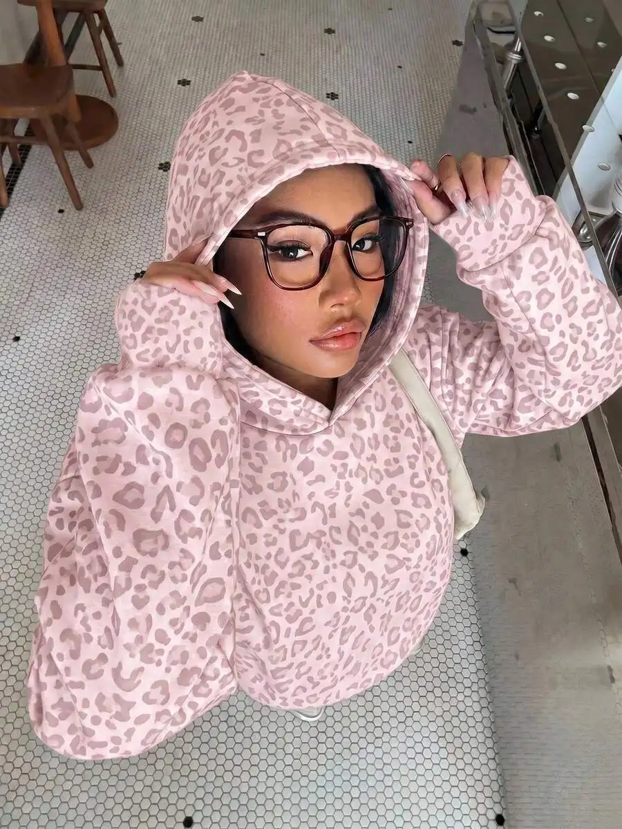Women's Autumn Winter Leopard Print Long Sleeve Hooded Pullover Sweatshirt