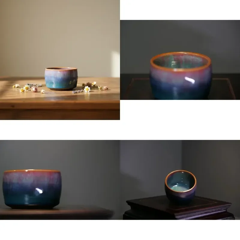 【CHIMU HOME】 Handmade Jun Porcelain Arhat Cup for Asian Zen Set Blue-Gold Glaze Heat-Resistant 150ML for Cafe Use and