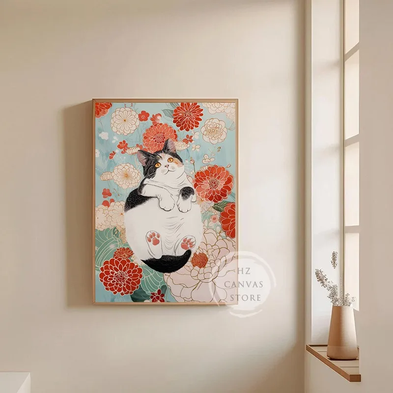 Japanese Ukiyo-e Floral Cats Vintage Posters and Prints Canvas Painting Retro Cat Wall Art Picture for Living Room Home Decor