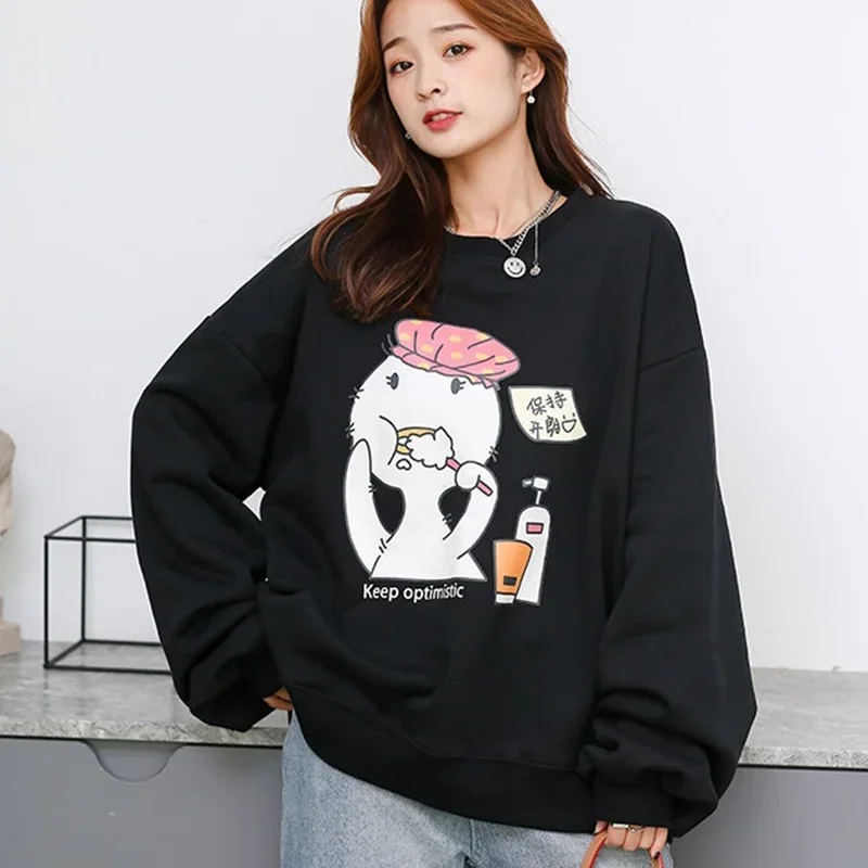 

Cartoon Duck Printed Couple Clothing Women O-Neck Loose Cotton Plush Sweatshirts Autumn Winter Warm Casual Pullovers Streetwear