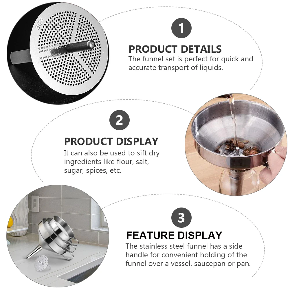 

1 Set Stainless Steel Funnel Kitchen Accessories Small Mouth Filter For Bottles Glasses Kitchen Strainer Tool Sift Flour Sugar