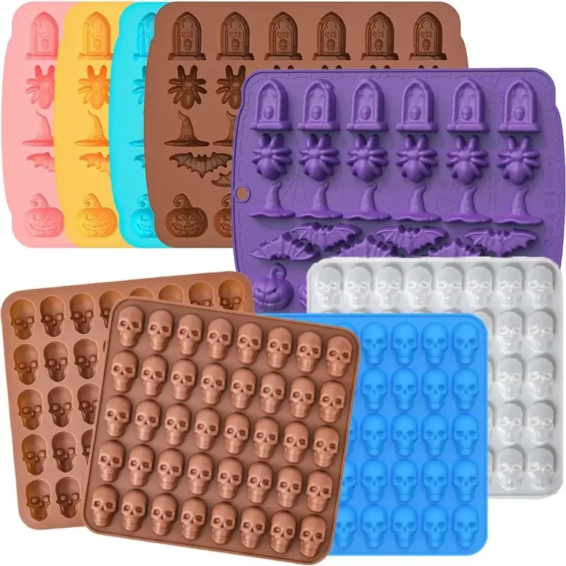 Skeleton Chocolate Silicone Mold Creative Halloween Bat Spider Candy Biscuit Jelly Baking Plate Witch Hat Tombstone Cake Mold