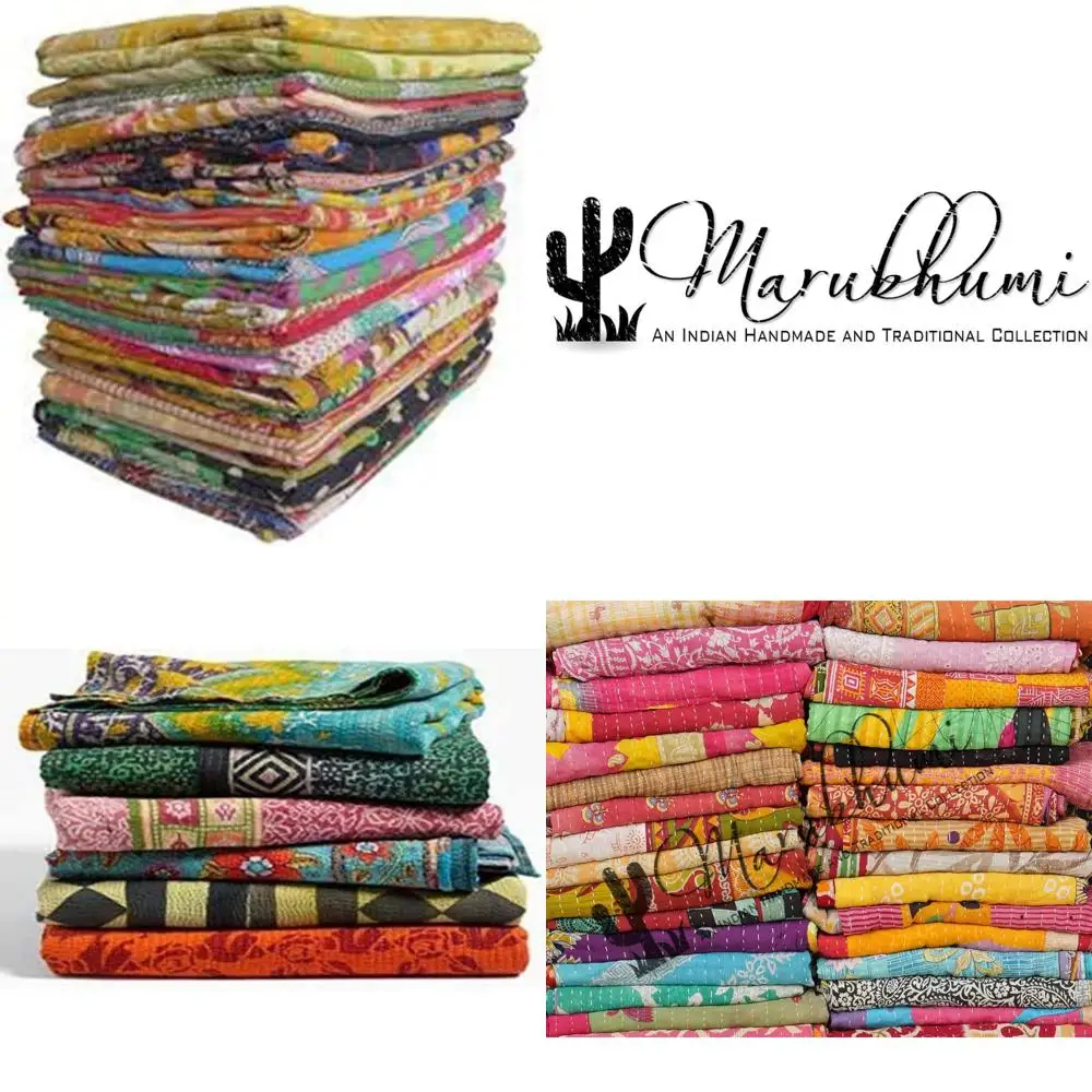 

Indian Kantha Quilts Set: 10 Cotton Bed Covers in Assorted Patchwork Designs from Old Sari Fabrics