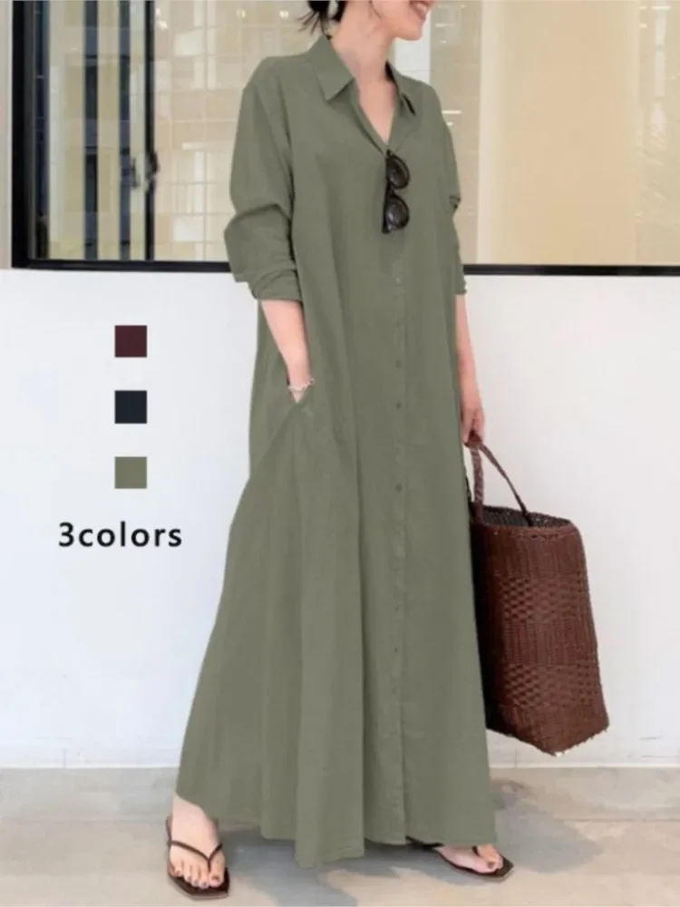 Primavera nuova moda allentata manica lunga risvolto camicia di colore puro abito estivo casual elegante abito semplice da donna da ufficio per le donne