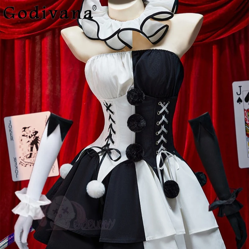 أبيض وأسود كتلة اللون تأثيري حلي المرأة هالوين القوطية مهرج تنورة مجموعة الإناث الصيف أنيمي كوس تنورة الزي #4