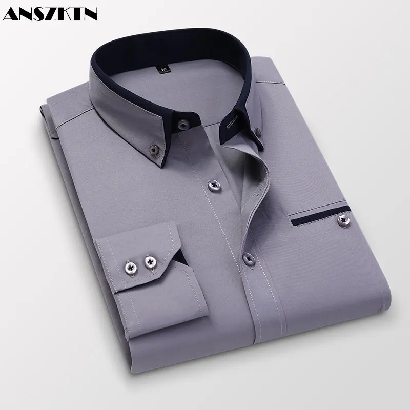 

ANSZKTN Men Spring summer white long sleeve slim formal work wear business trend shirt professional shirts