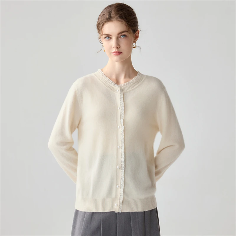 100% Pure Cashmere Colorblock Trimmed Knit Cardigan Women's Round Neck Button-Up Sweater Jacket Anti-Aging Red