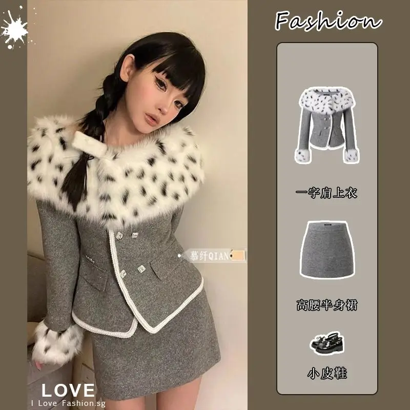 

Sweet Hot Girl Suit Women's Spring and Autumn Off Shoulder Slim Fit Coat High Waisted Short Skirt Two-piece Set Female Clothes