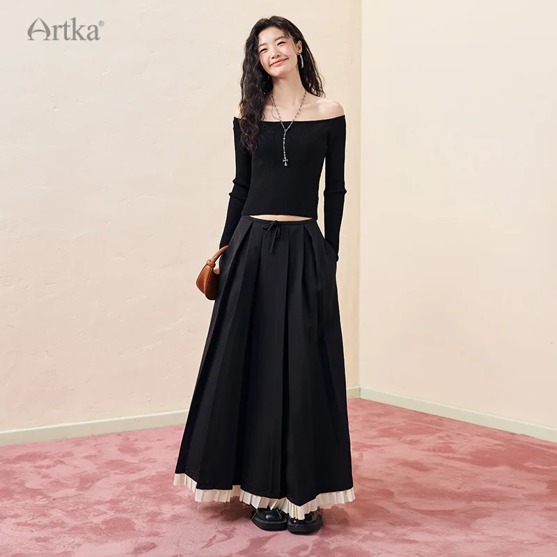 ARTKA 2023 Autumn New Women Skirt Fashion Elegant High Waist Pleated Skirts A-Line Black Long Skirt Female QA92339Q