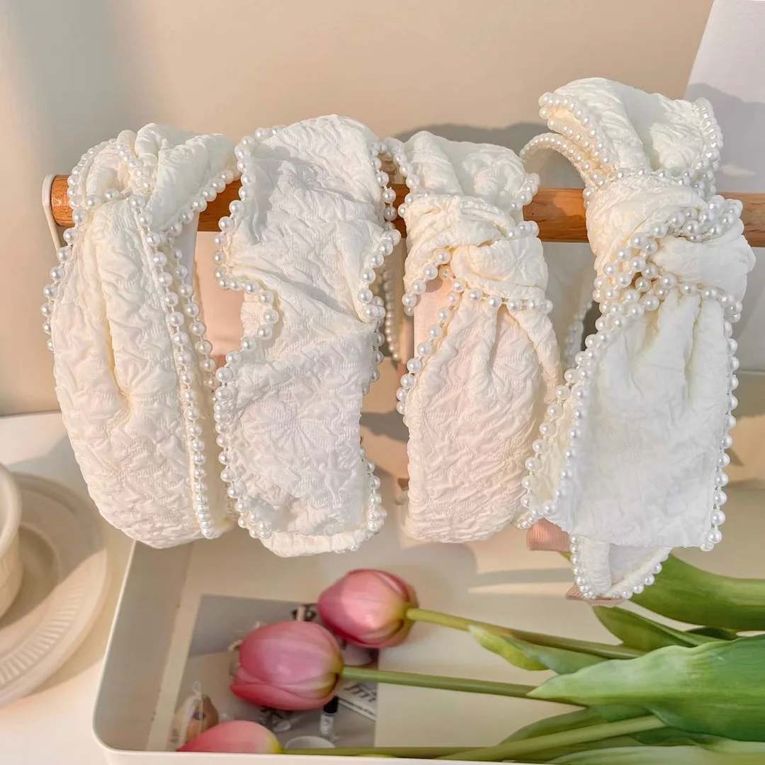

Ladies Pearl Big Bows Milk White Wash-face Bands High-end Summer Versatile New Bands Hair Cards Hair Accessories