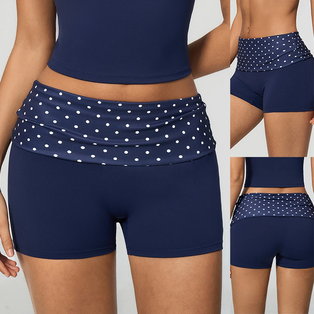 Women Fold Over Waist Yoga Shorts Contrast Polka Dot Striped Waistband High Waist Biker Gym Workout Tummy Control Sport Pants