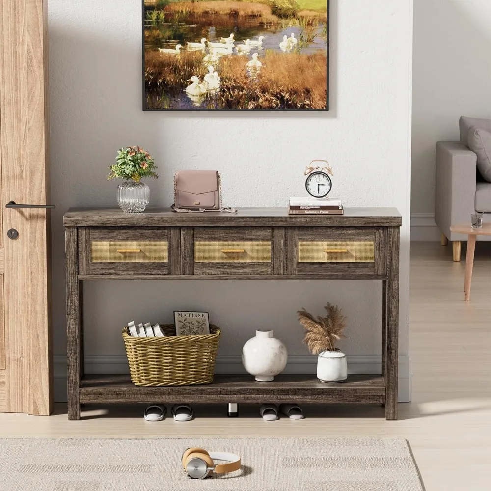 طاولة كونسول ضيقة من طبقتين على الطراز الصناعي مع 3 أدراج ورف تخزين للمدخل والأريكة #4