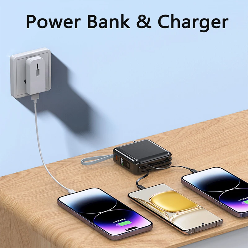 Banco de Potência de Carregamento Rápido com Cabo, Plugue AC, Carregador de Parede para iPhone 15, Huawei, Xiaomi, Samsung, Powerbank, 30000mAh, 22.5W