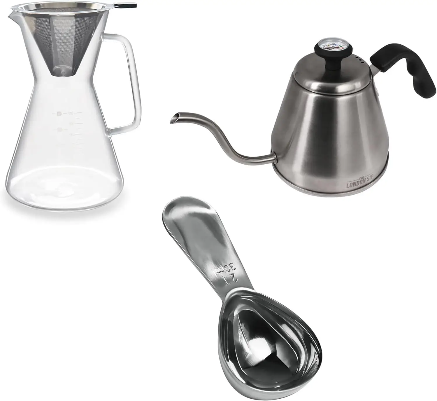 Pour Over Coffee Maker Set, Includes Stainless Steel Gooseneck Kettle, 1200ml Glass Carafe with Reusable Stainless Steel