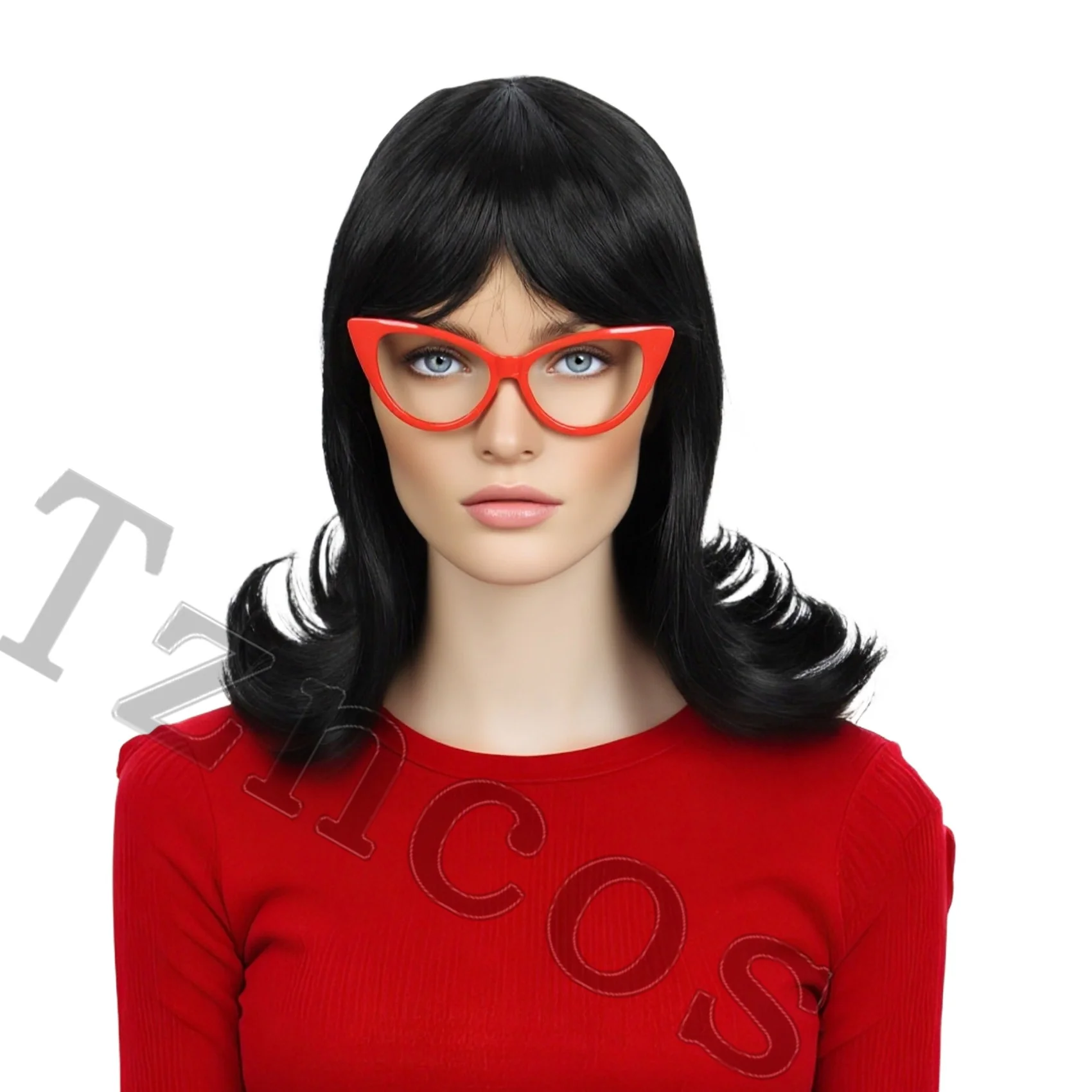 Tzncos Cosplay Linda Belcher Short Black Wig with Red Glasses Heat Resistant Synthetic Hair