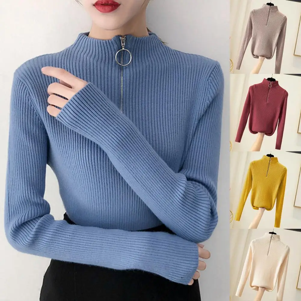 

Женский Однотонный свитер, повседневный базовый свитер на молнии с полувысоким воротником для повседневной носки