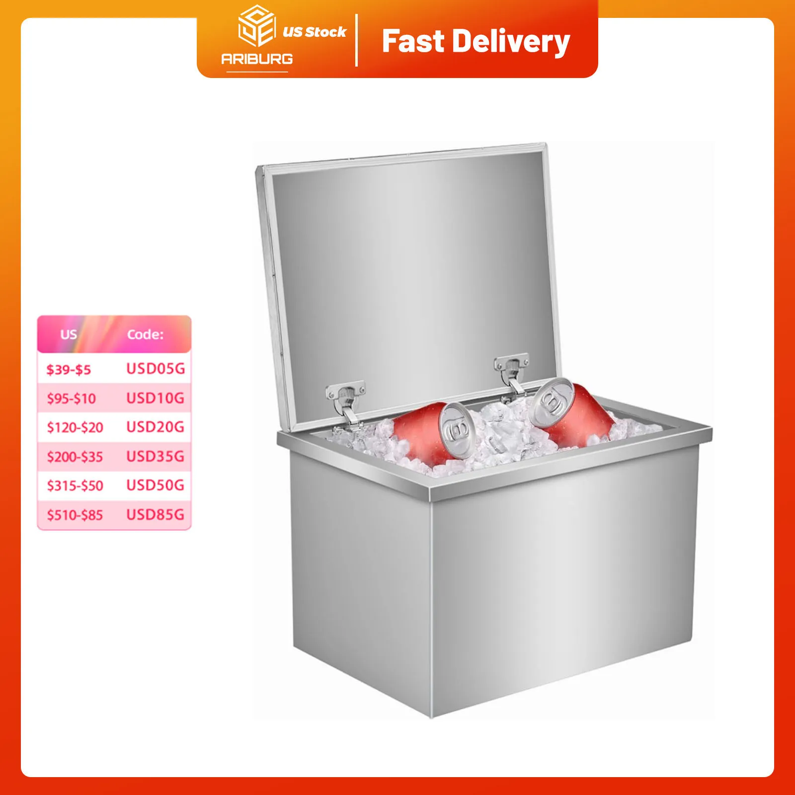 

304 Stainless Steel Drop in Ice Chest Ice Cooler Drop-In Ice Bin Ice Bar Outdoor Kitchen Colding Wine Beer Drinks DrainPipe Plug