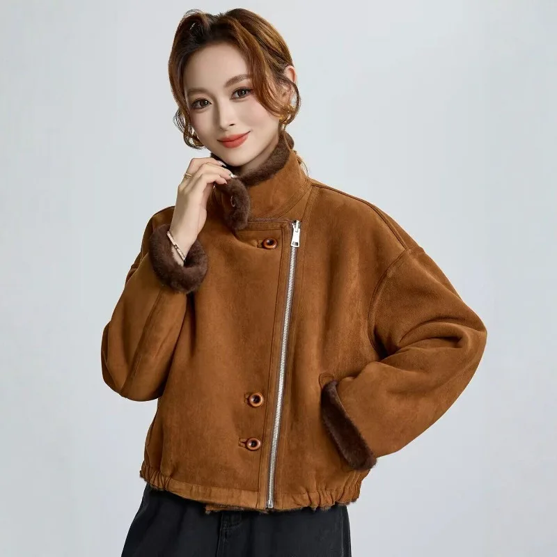 Maillard Suede Jacket Women's Short Autumn Winter New Fashion Foreign Look Thin Warm Fur Integrated Women Exquisite Simplicity