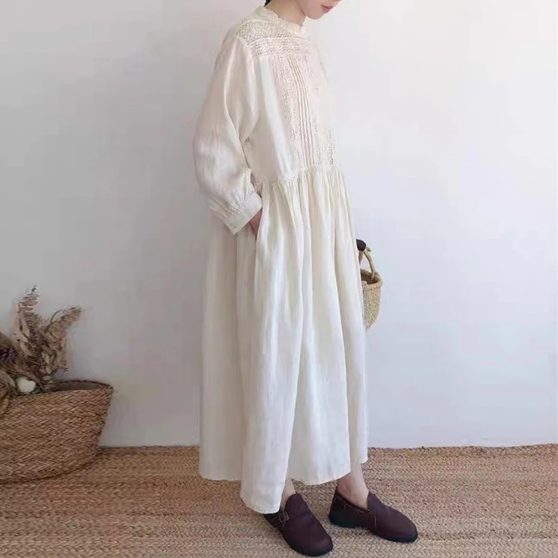 Johnature Fall 2024 New Women Japanese Linen Lace Dress Loose Long Sleeve Hollow Out Vintage Casual Dresses