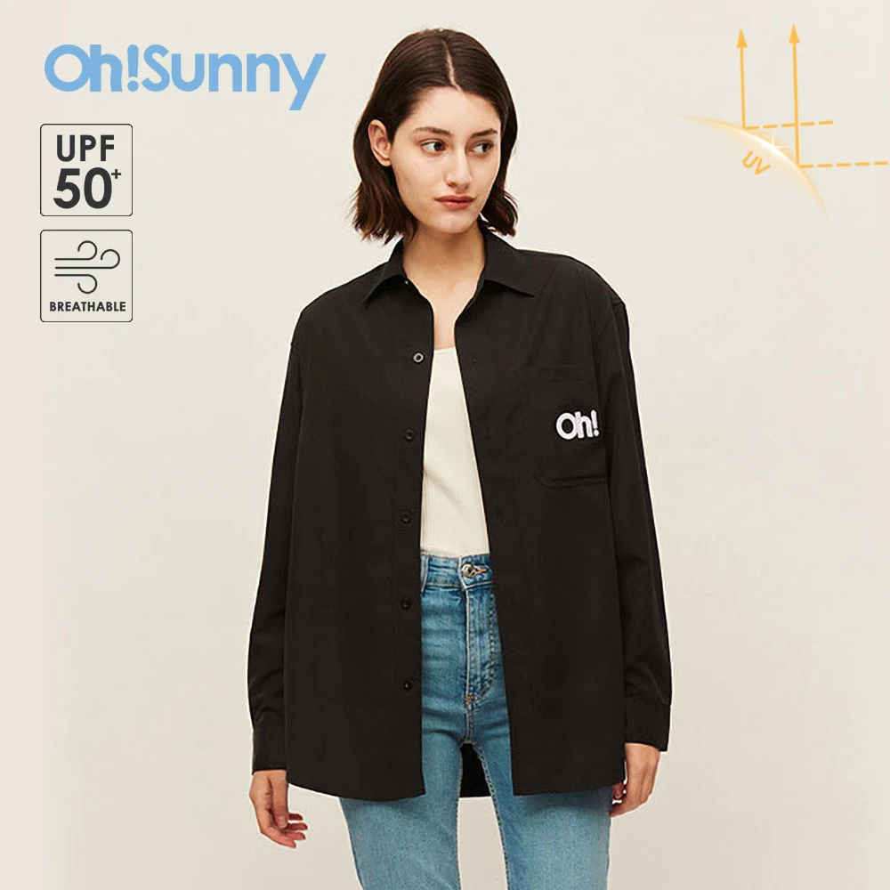 

OhSunny Women Sun Protection Oversized Shirts Embroidery Letters Long Sleeve UPF50+ Anti-UV Breathable New Outdoors Tops Blouse