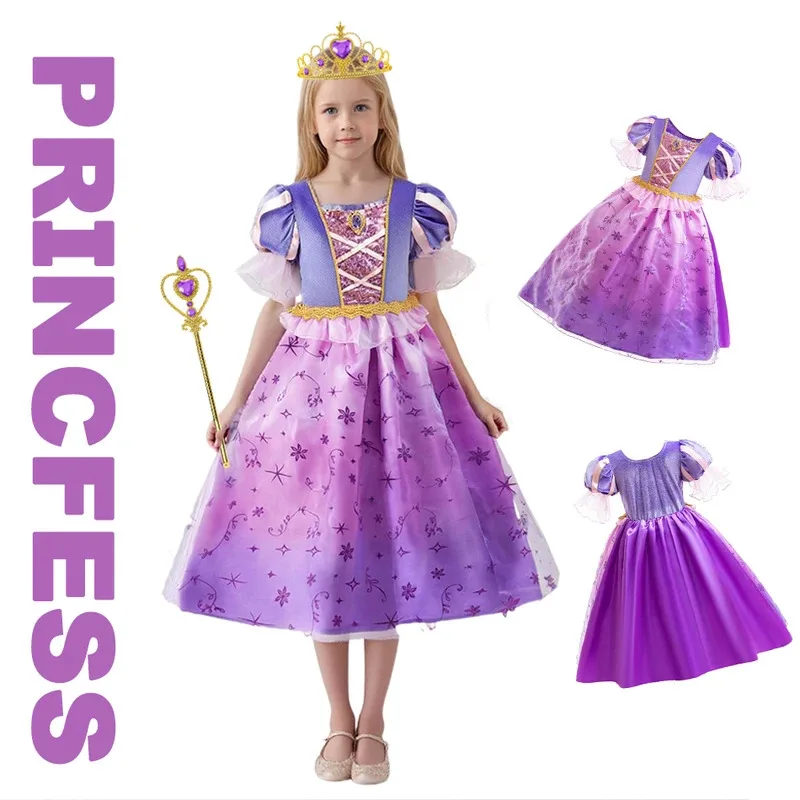 

Girls Purple Princess Dress Children Golden Lace Fluffy Dress Halloween Rapunzel Cosplay Costume Flower Girl Dress Birthday Gift