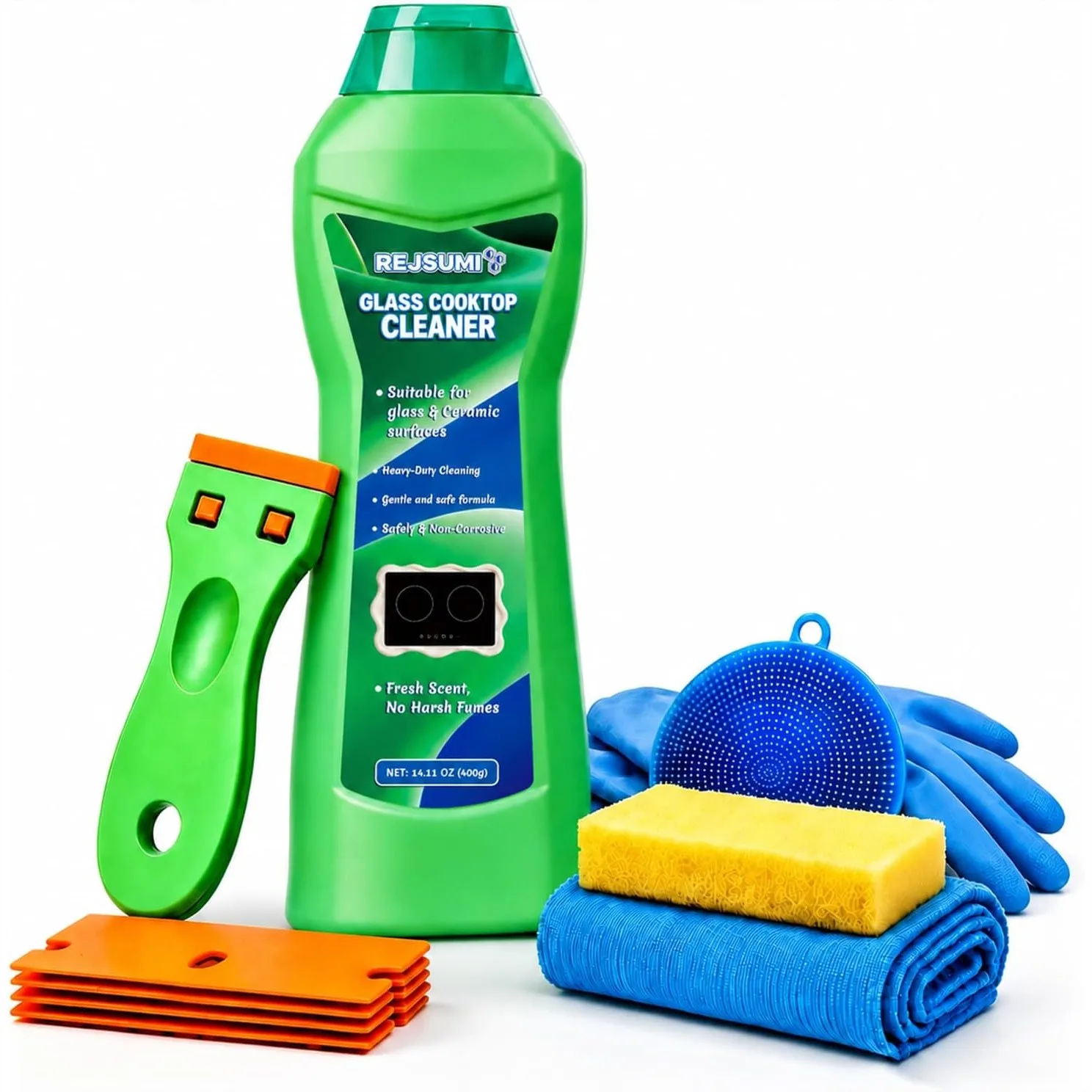 Glass Cooktop Cleaner Kit with Scraper & Scrubbing Pads for Induction, Electric, Gas, Ceramic Stoves