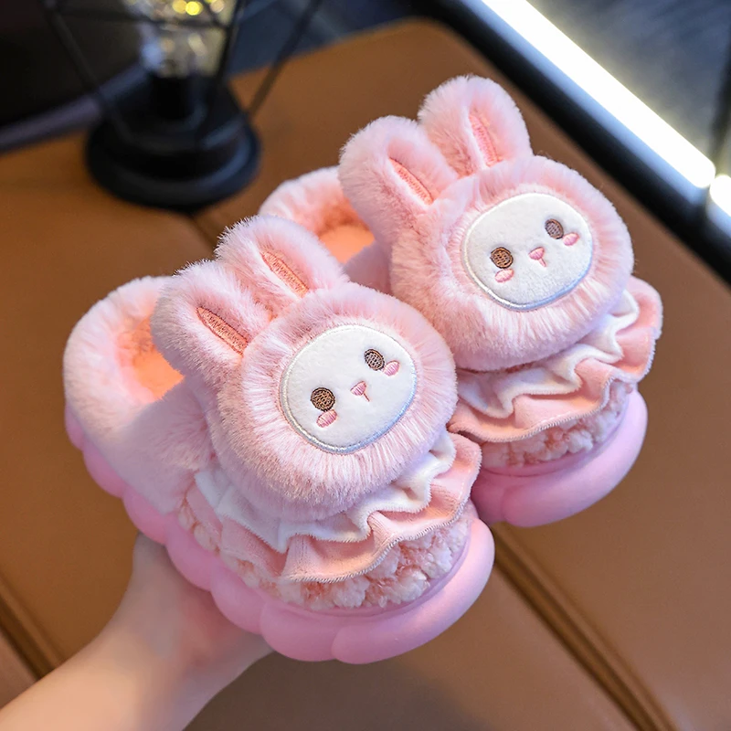 2024 New Winter Warm Cute Rabbit Indoor Closed-toe Mule Soft Non-slip Kids Fluffy Slippers For Girls Children Home Cotton Shoes