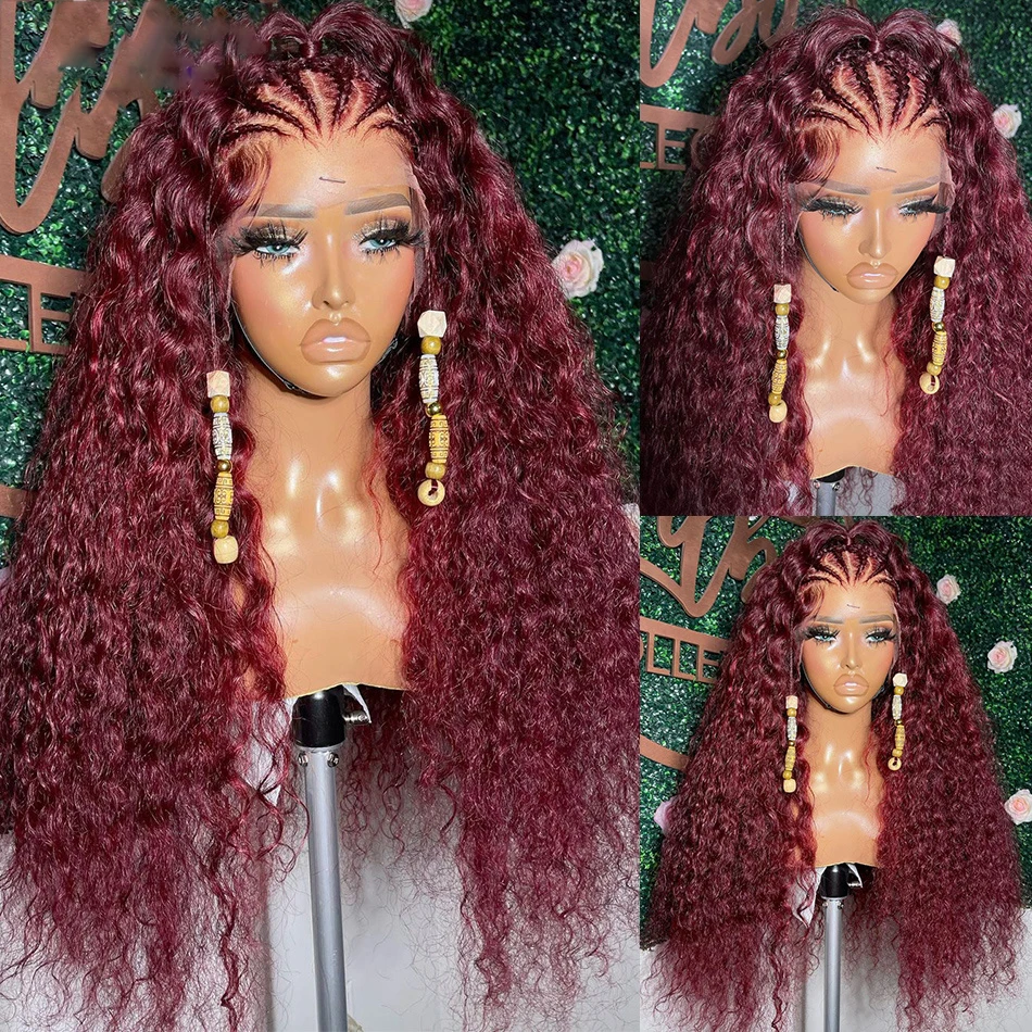 Burgundy 26Inch Long 180%Density Glueless 99j Kinky Curly Lace Front Wig For Black Women With BabyHair Heat Temperature Daily