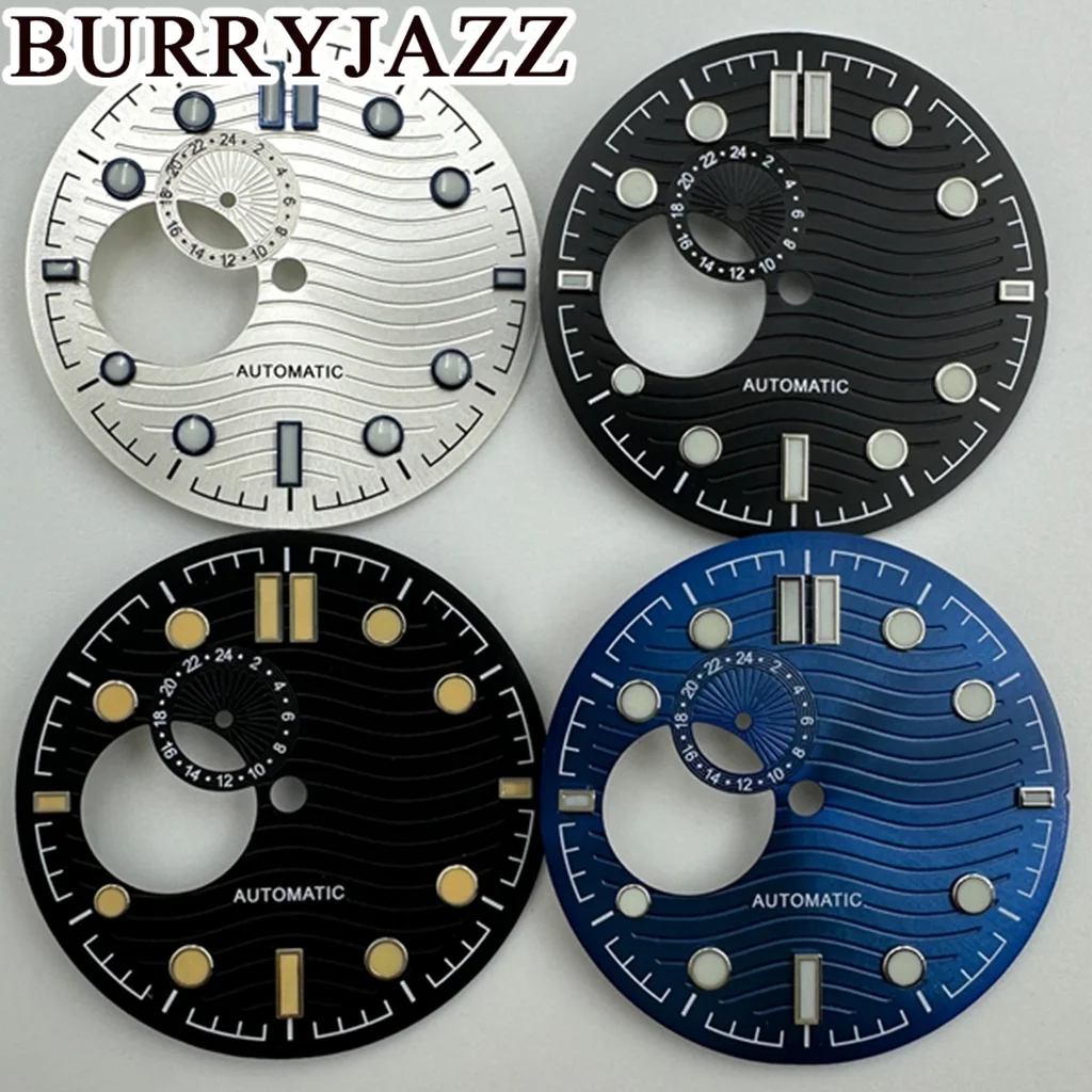 BURRYJAZZ 31mm No Logo NH39 Watch Dials Silver Black Blue Dial Green Luminous 3 O\'clock Case Crown