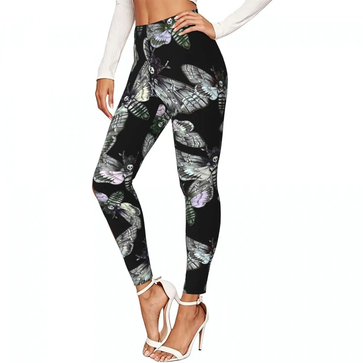 Casual Ladies Slim Leggings Dead Head Moth Elastic High Waist Sports Daily Wear Trousers