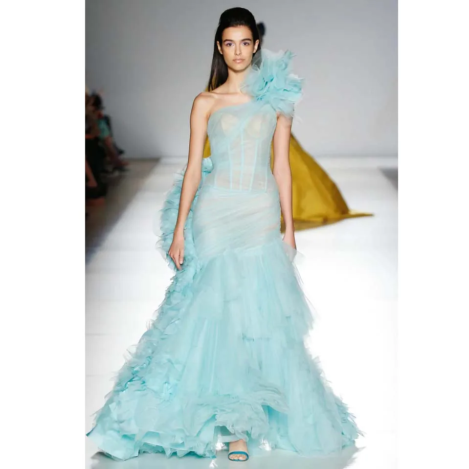 Stunning Mint One Shoulder Mermaid Prom Gowns Ruffles Tulle Long Prom Gowns Ruched Tulle Robe High End Women Event Dress