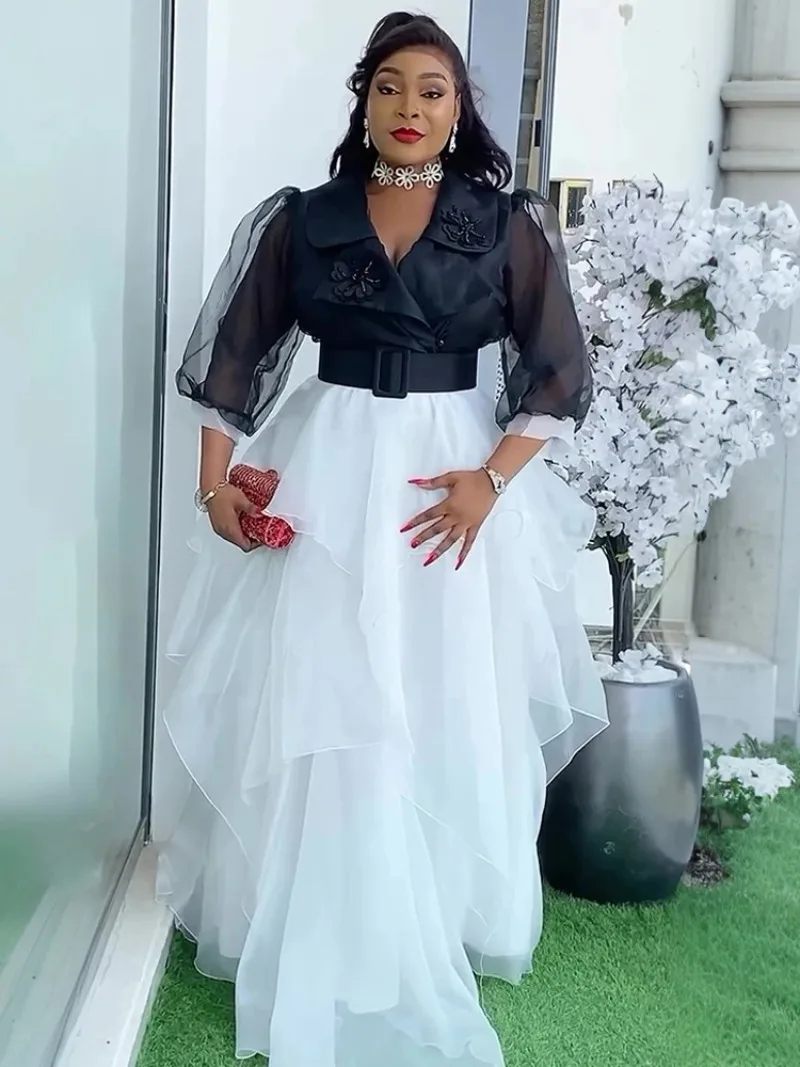 

Organza Long Dresses For Women Elegant Party Prom Evening Gown African Dashiki Clothing V-neck Sexy Maxi Robe 2025 Fashion Dress