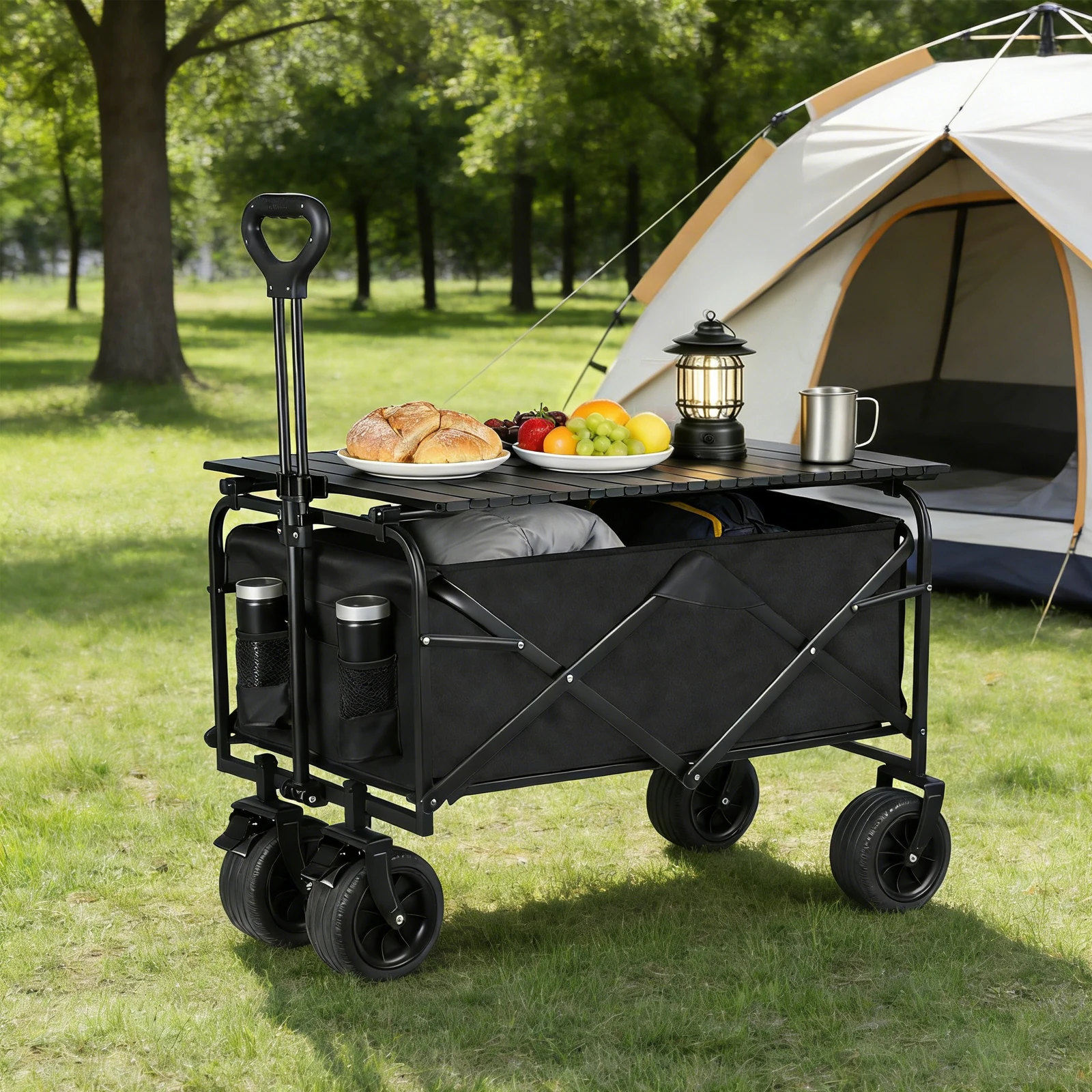Chariot pliable portable avec design antidérapant, chariot de camping avec roues larges tout-terrain pour sable, neige, herbe, boue, gravier, 150 kg