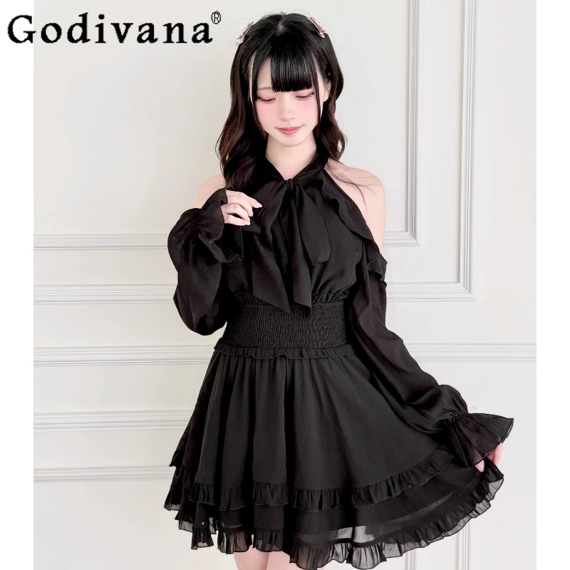 

Japanese Sweet Mass-Produced Off-Shoulder Long Sleeve Dress Autumn New Girl's High Waist Slim Elegant Short Dress Lolita Dress