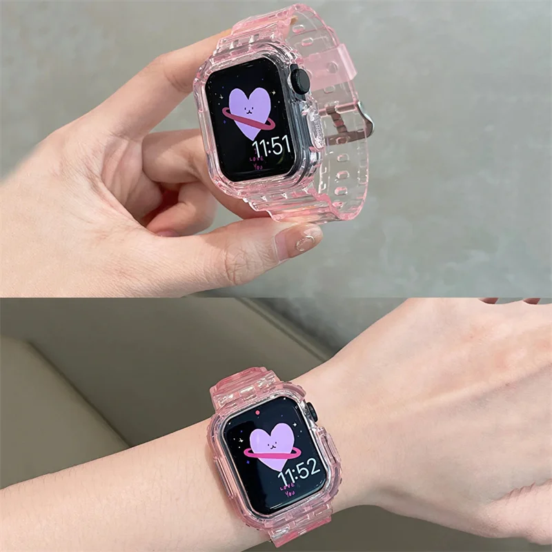 Cute Pink Transparent Case+Strap For Apple Watch Band 49mm 41mm 40mm 44mm 42mm 38 Silicone Bracelet For iWatch 8 7 SE 6 5 Cases