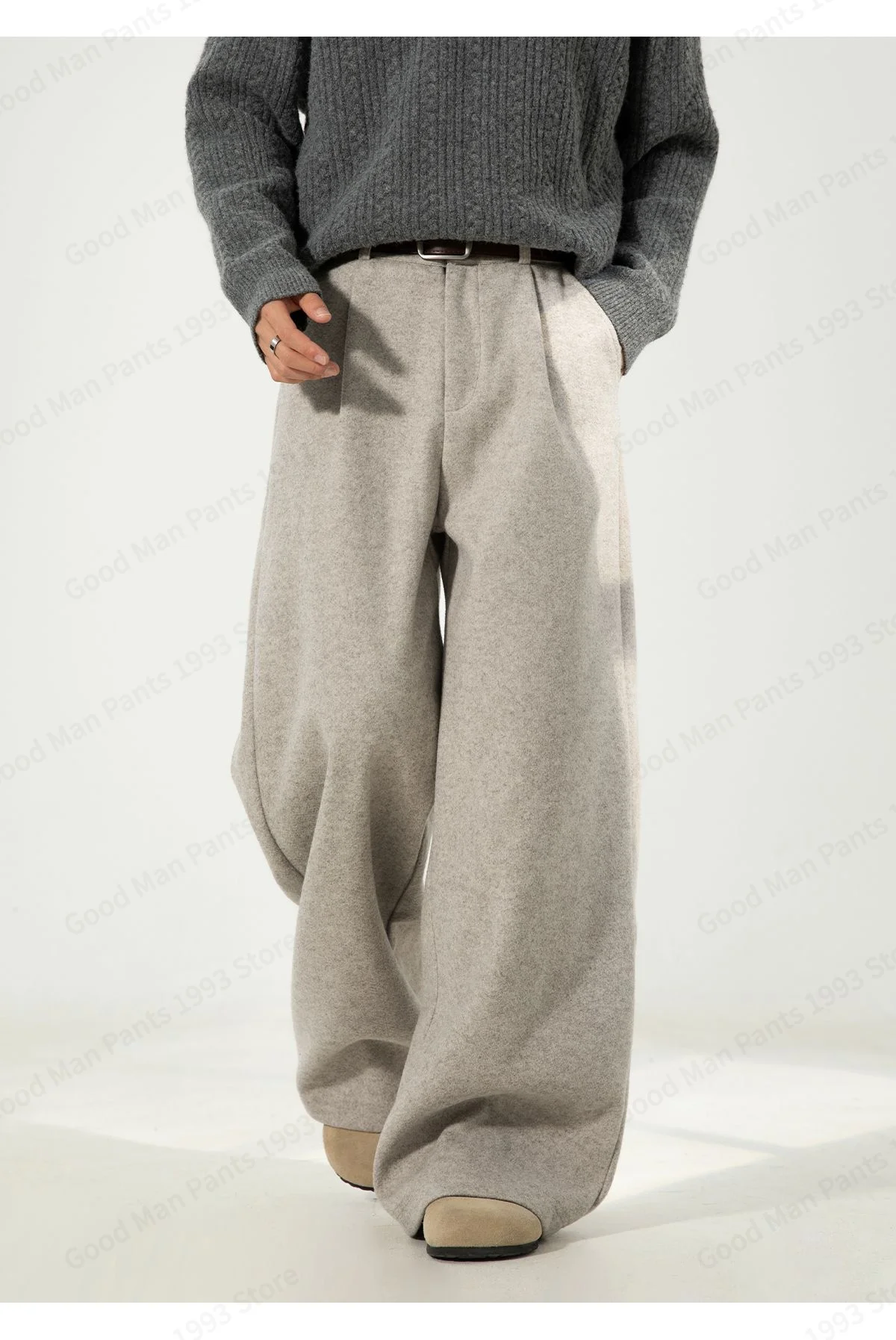Herbst- und Winter-Herrenhose aus schwerer, strukturierter Wolle mit geradem Bein, locker gefaltet, Y2K Koreanische Baggy Casual Hose – Detail 14