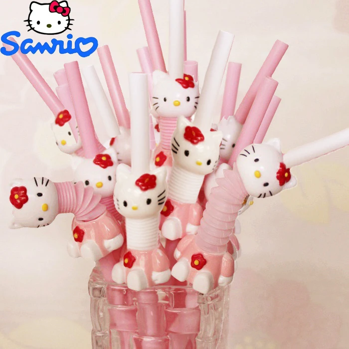 Kawaii Hello Kitty Straw Anime Cartoon Character Shape Retractable Bend Pink White Birthday Party Decoration Accessories Gift