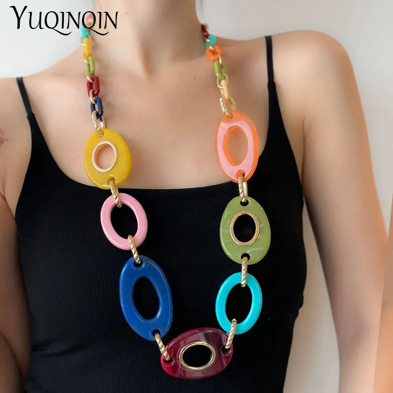 Trendy Large Colorful Resin Chain Necklace For Women Long Round Exaggerated Pendant Necklace Female Bohemia Accessories Vintage