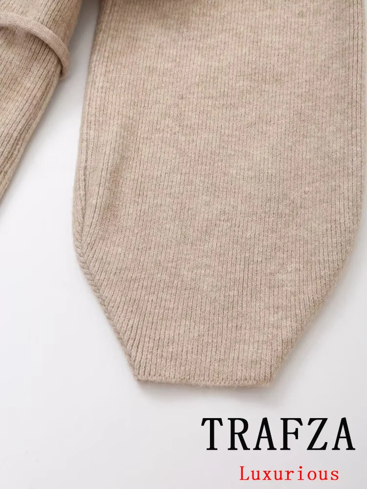 TRAFZA Vintage Casual Chic Damski garnitur z dzianiny Solidny dekolt w szpic Długi rękaw Sznurowane kurtki Luźne długie spodnie Moda 2024 Jesienne