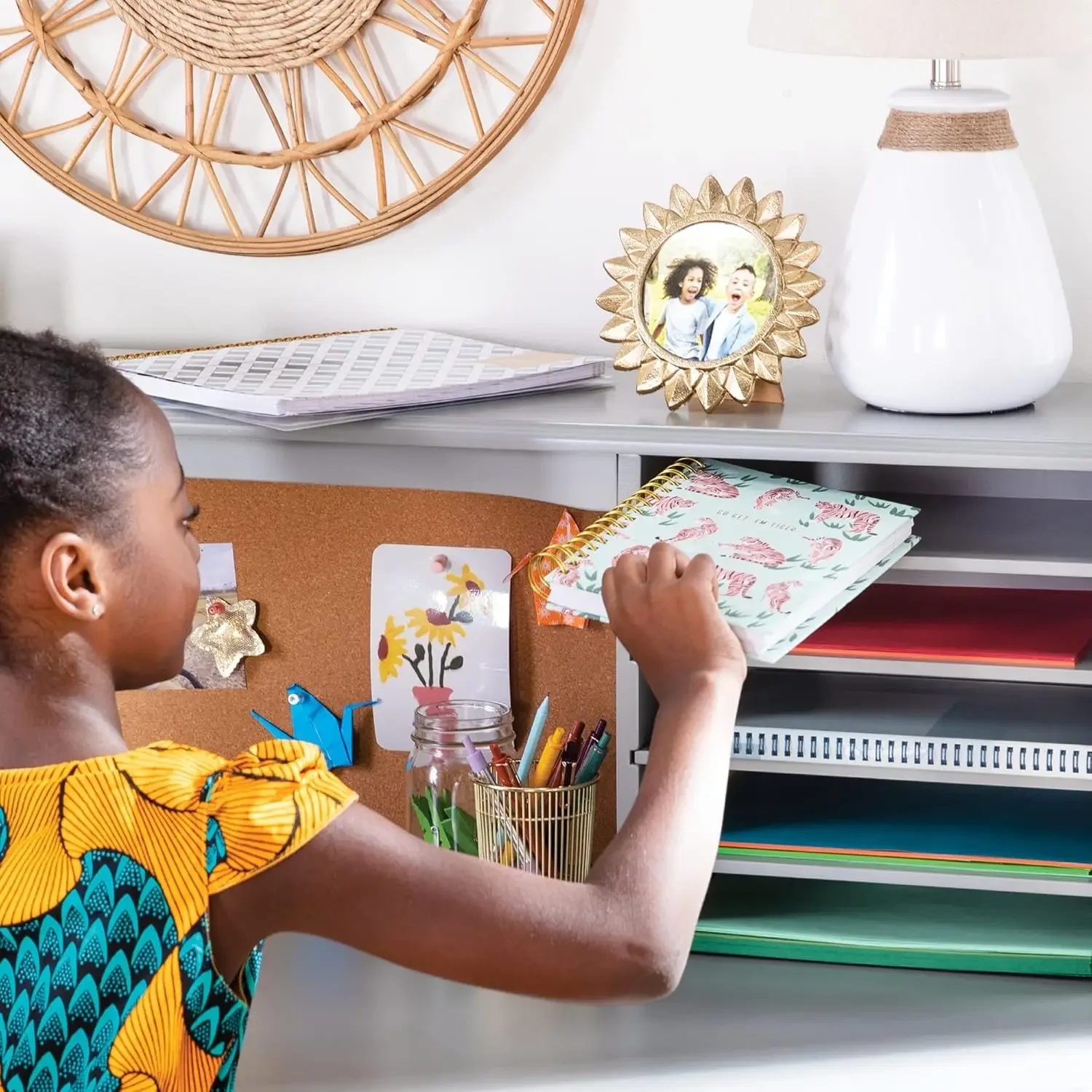 Children’s Media Desk and Chair Set – Gray: Student's Study Computer Workstation and Writing Table with Hutch and Storage Shelve